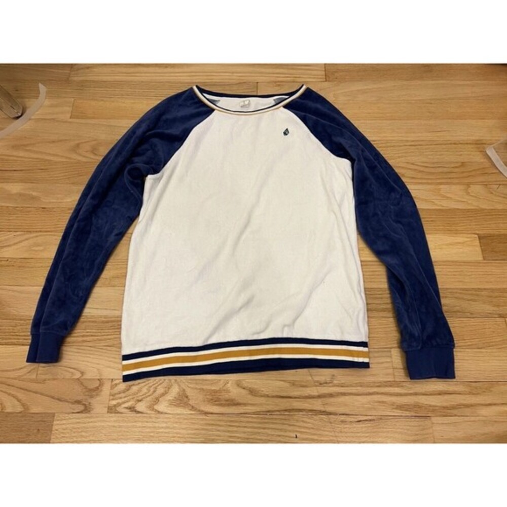 Volcom Mens Medium White Navy Blue Raglan Velour Sweatshirt Striped Hem Skate